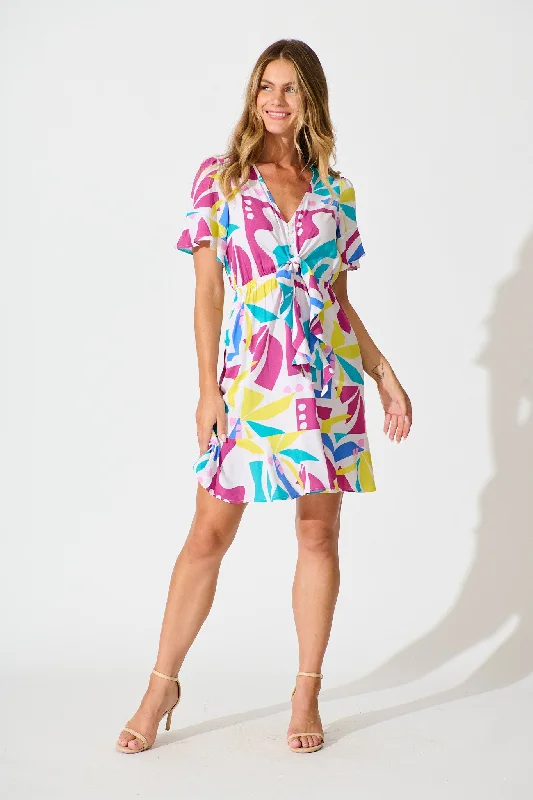 Kimora Dress in White with Bright Multi Print