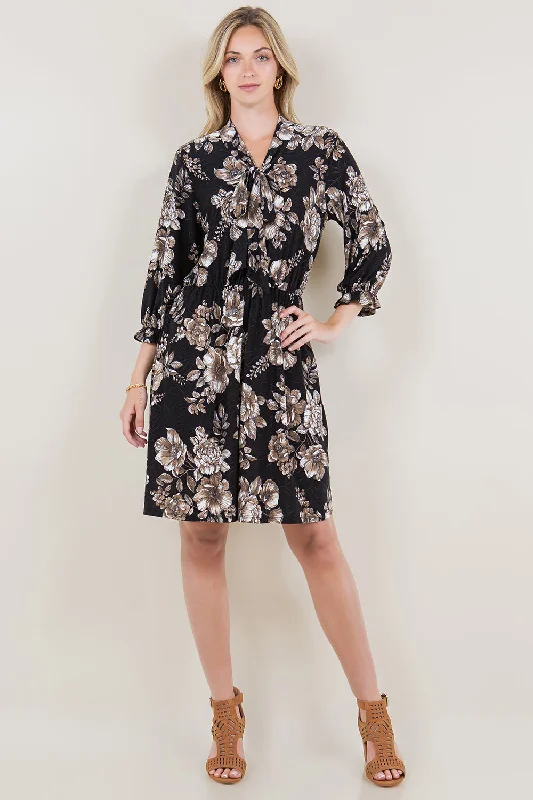 3/4 BALLOON SLEEVE ELASTIC WAIST DRESS W NECK TIE - D2655-3Q-A1625