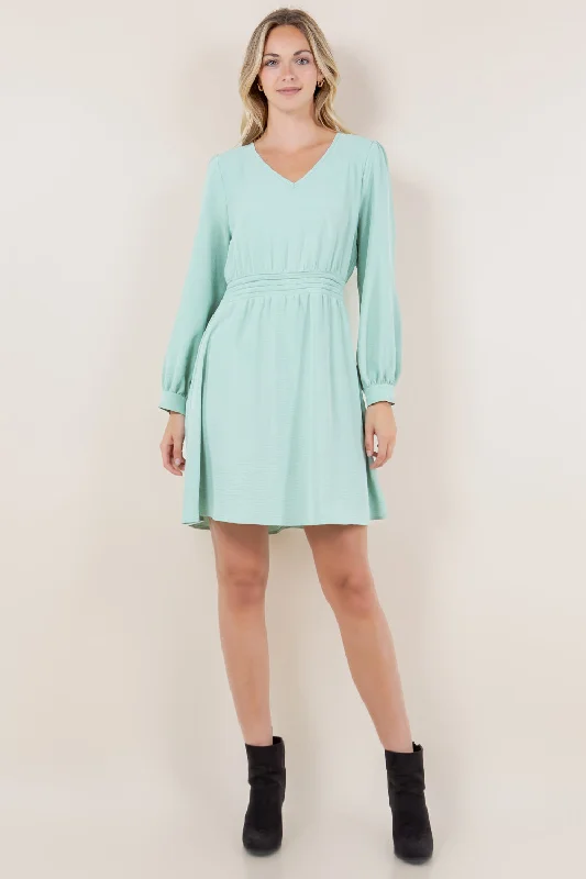 LS V NECK PLEATED WAIST ALINE DRESS - D3458-AFLW