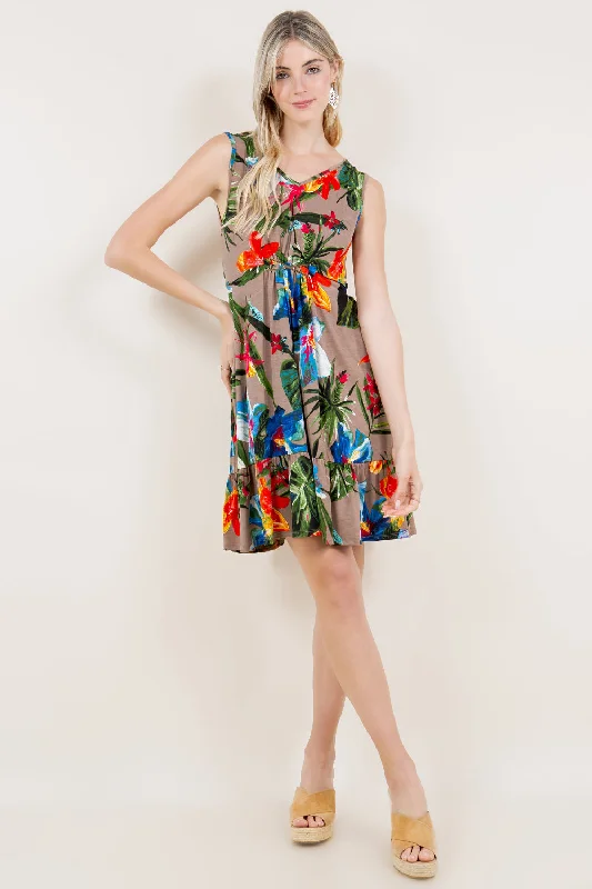 GOLD BELT ACCENT V NECK RUFFLE HEM DRESS - D3338-1203-3