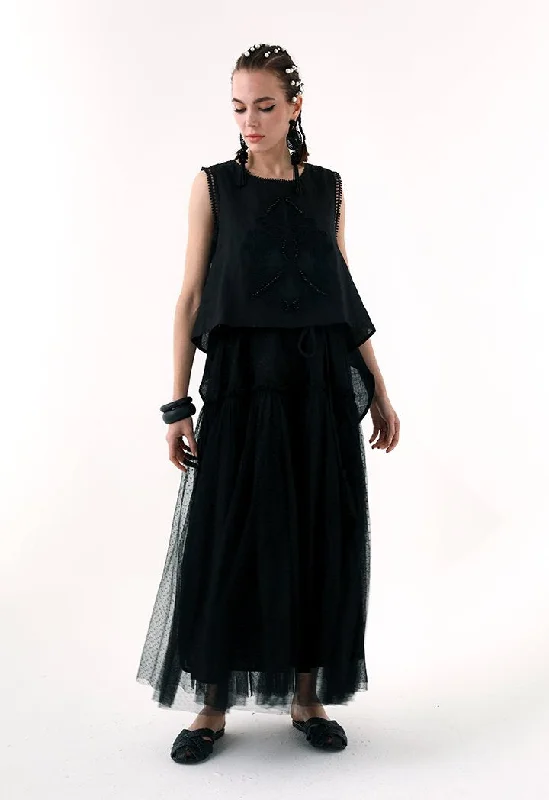 Choice Overlay Sleeveless Polka Dot Mesh Dress Black
