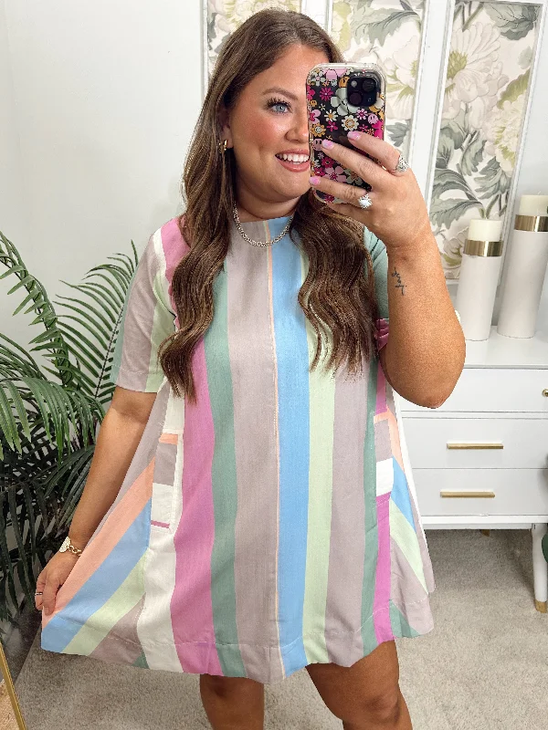 Entro Pastel Multicolor Striped Round Neck Mini Swing Dress
