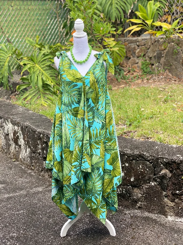 Cora Spearman Hawaii WOMENS  Monstera 21 Turquoise Handkerchief Dress