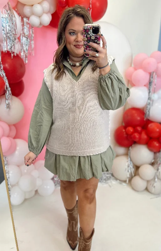 Olive Button Down Collared Bubble Hem Dress