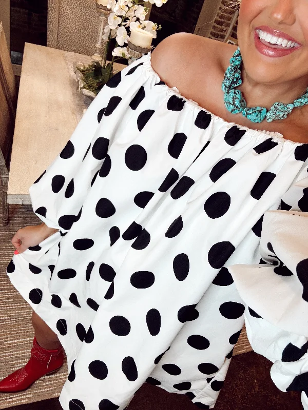 White/Black Polka Dot Print Off The Shoulder Bubble Sleeve Dress