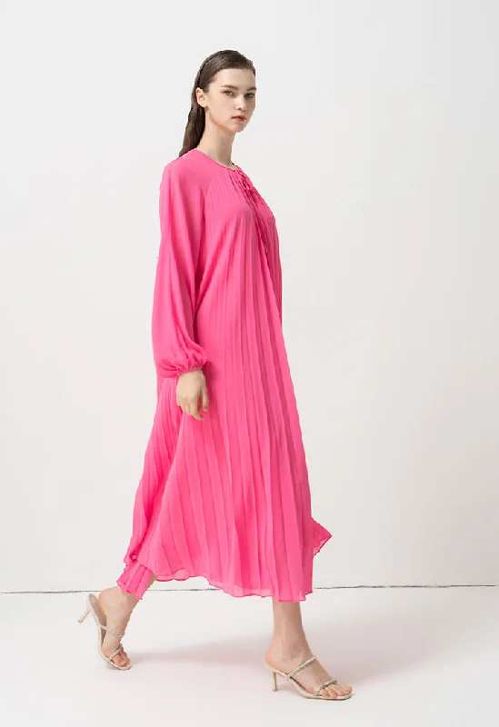 Choice Single Tone Raglan Sleeves Pleated Dress Fuchsia