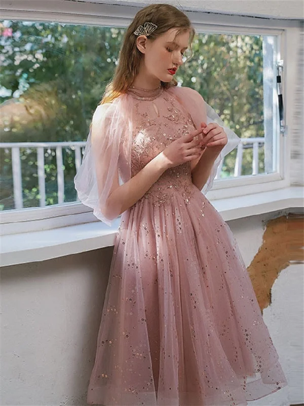 A-Line/Princess Knee-Length Jewel Neck Cocktail Dresses with Sequin Appliques
