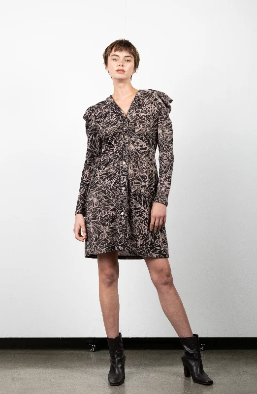 V NECK BUTTON DRESS WITH VOLUME SLEEVE AND DARTS - D3145-A0859