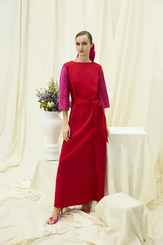 Choice Dual Fabric Long Dress Red