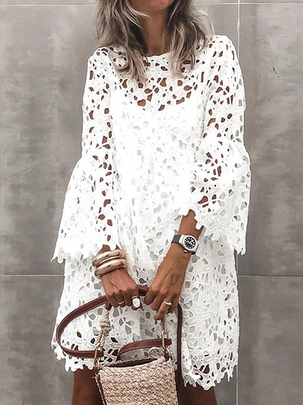 Lace Long Sleeve Hollow Dress with Round Neck