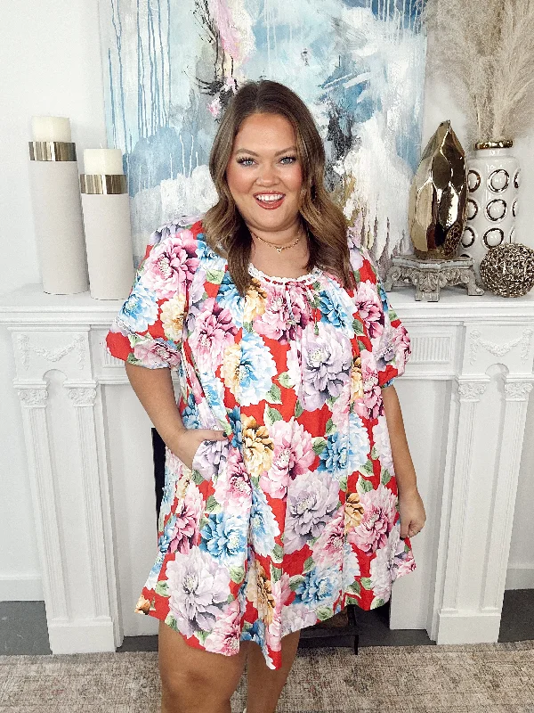 Orange Multi Floral Front Tie Lace Detail Shift Dress