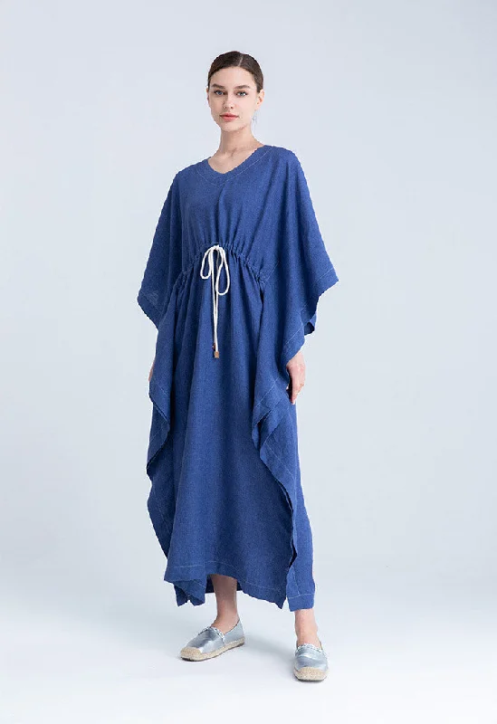 Choice Waist Drawstring Indigo Linen Kaftan Dress Indigo Blue