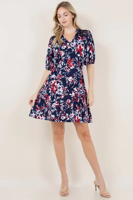 ELB SLV LACE YOKE NOTCH STAND COLLAR DRESS - D3418-5178-8