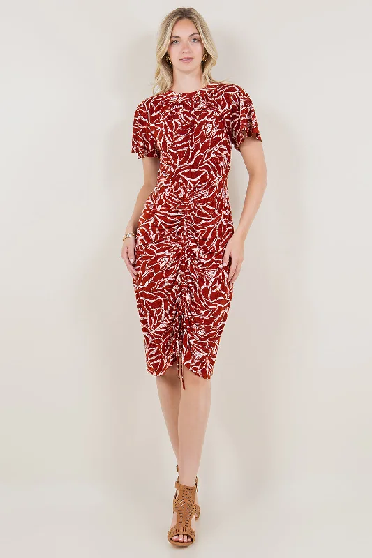 SS FLUTTER HI NECK RUCHED MID DRESS - D3517-A4484