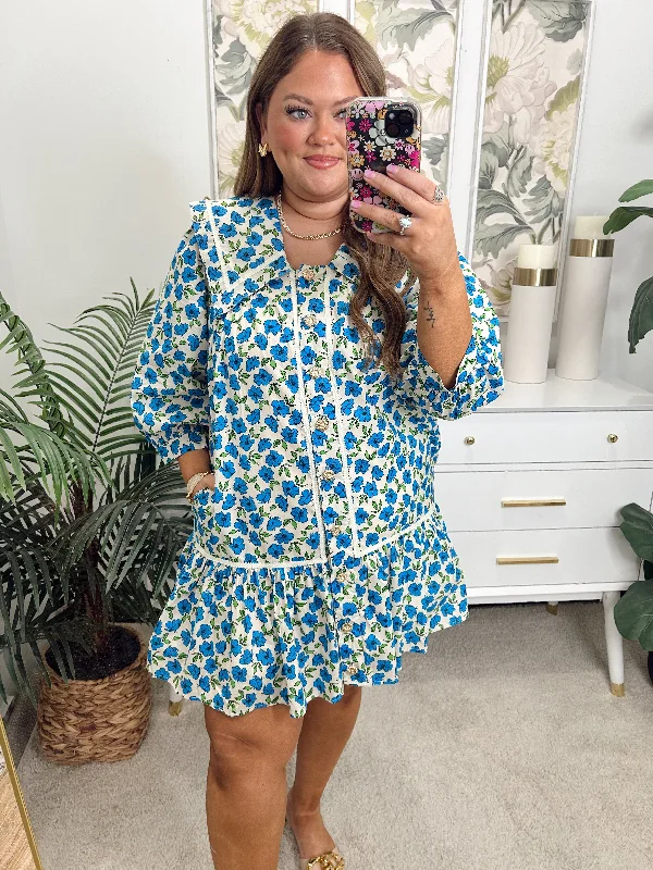 Entro Blue Floral Button Detail Collared Dress