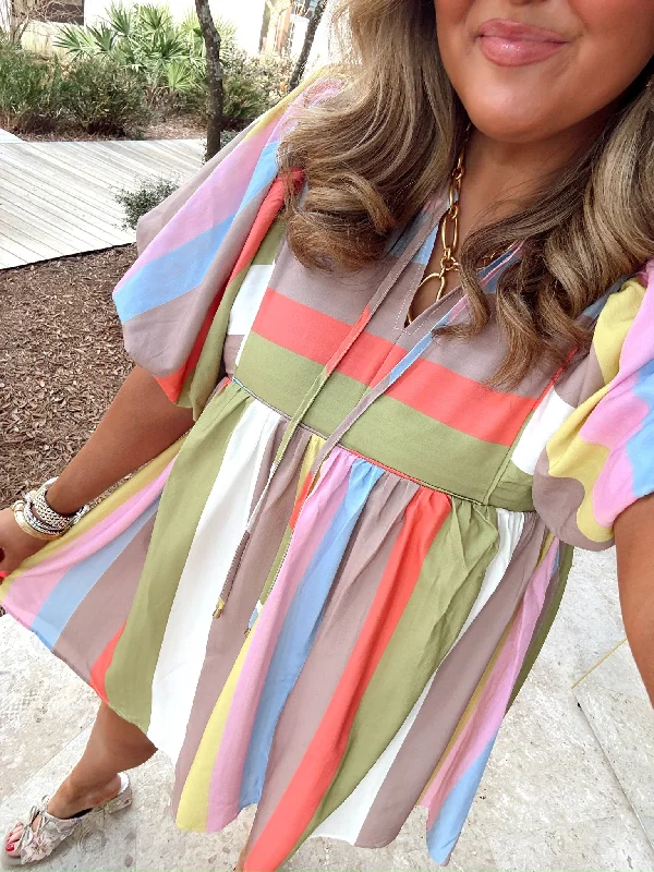 Entro Lime Mocha Striped Bubble Sleeve Babydoll Dress