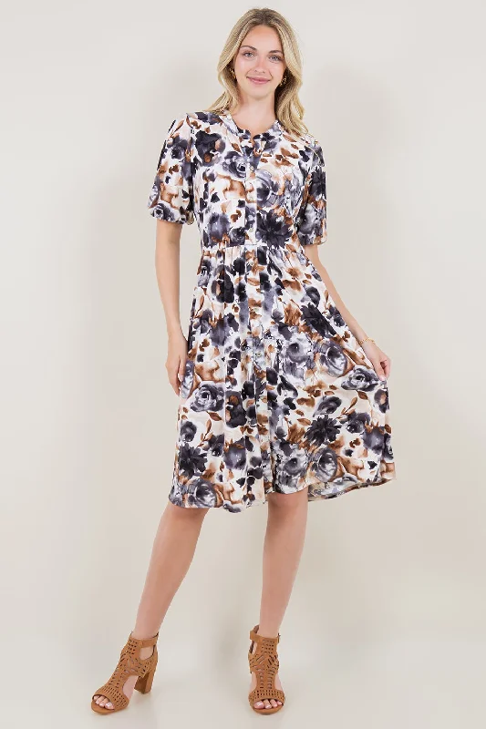 ELBOW BALLOON SLEEVE STAND COLLAR DRESS - D2797-ELBW-83030-1