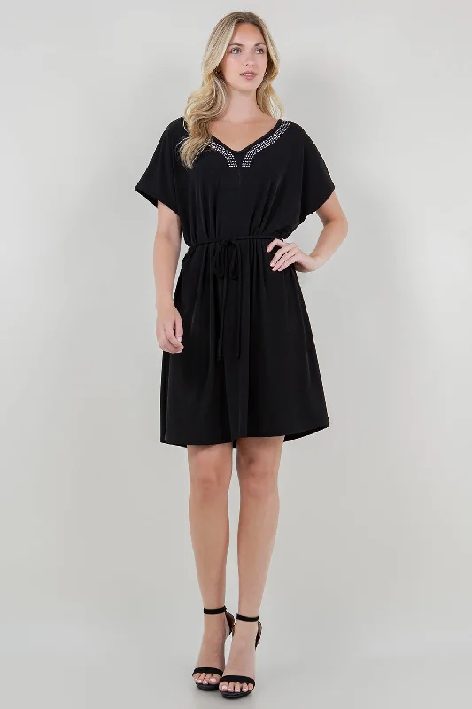 EXT CAP SLV STUDDED V NK ALINE DRESS W/NECK - D3410-ITY