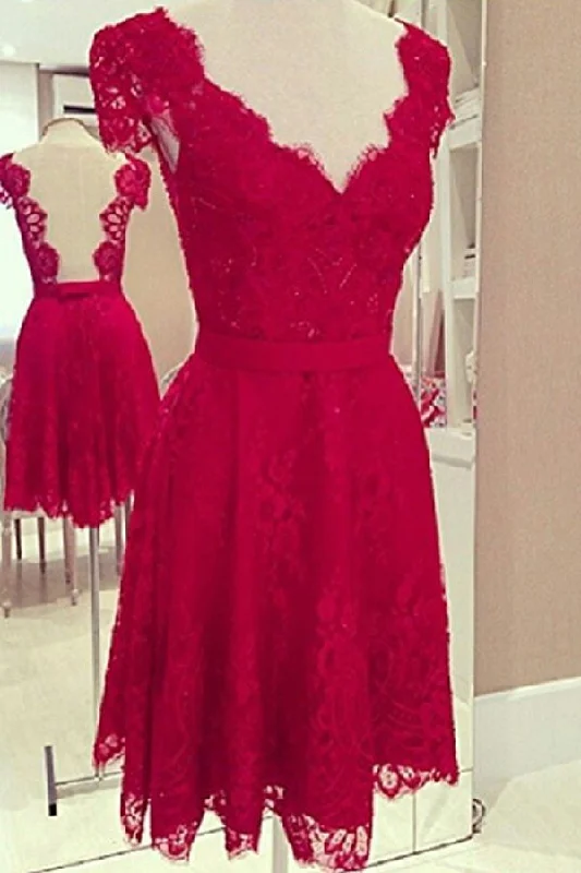 Pretty Light Red Lace V--Neck Open Back Homecoming Dresses K139 Tunics Fleece cozy