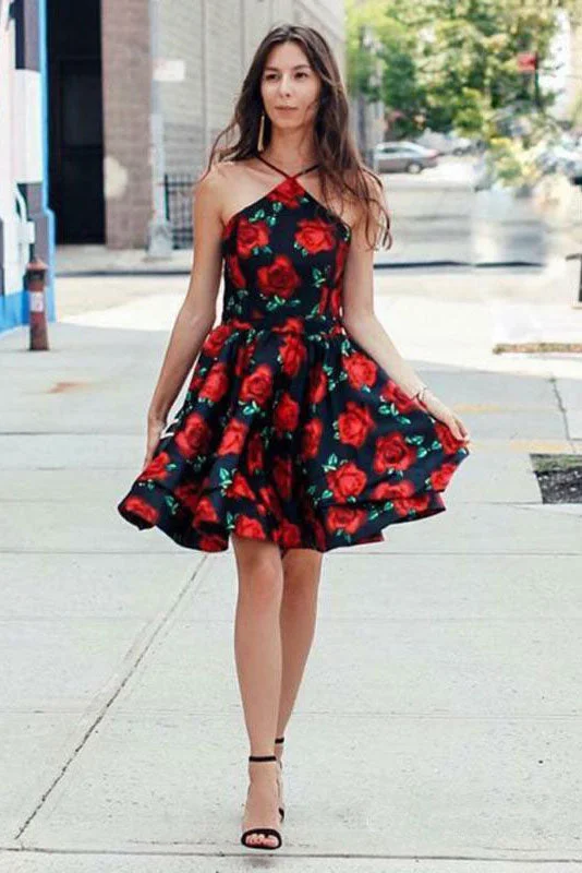 A-Line Cross V-Neck Above Knee Floral Satin Homecoming Dress OKO44 Tunics Luxurious premium
