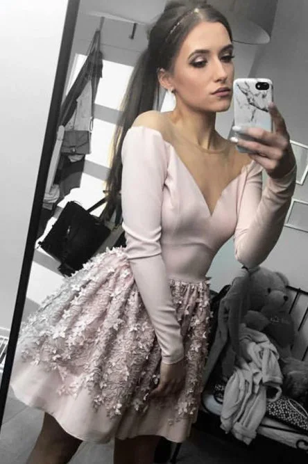 A-line Nude Long Sleeve Short Homecoming Party Dresses with Flowers OKO57 Floral Print girly
