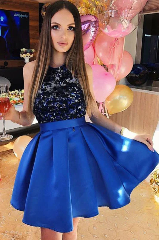 A-Line Royal Blue Satin Homecoming Dress With Lace Top OKO48 Tunics Sophisticated sleek