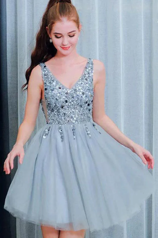 Bling A Line V Neck Light Blue Short Homecoming Dress With Beading OKO42 Tunics Trendy modern