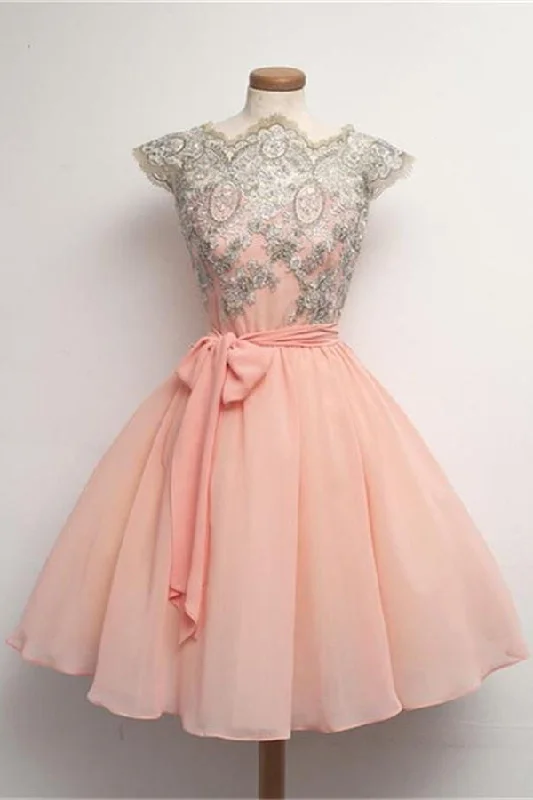 Blush Pink Lace Short Chiffon Homecoming Dress With Belt K182 Tunics Sophisticated sleek