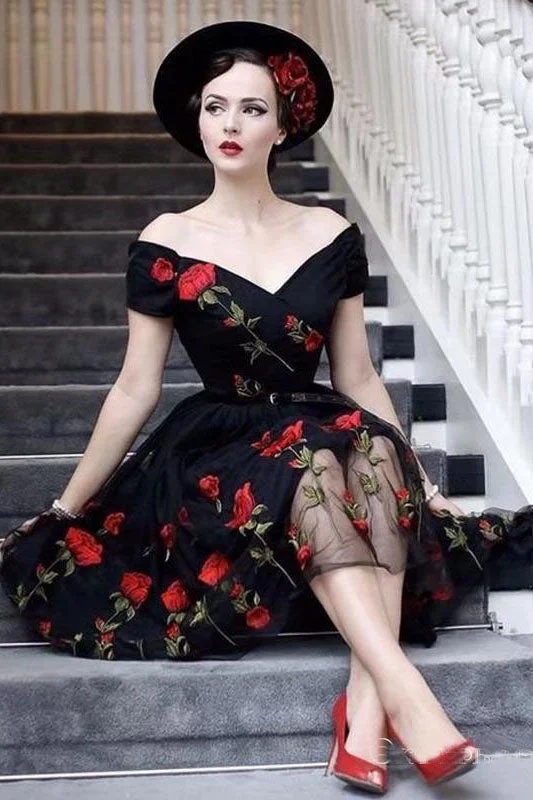 Charming Off the Shoulder Tulle Black Homecoming Dress with Flowers OKO45 Tunics Practical durable