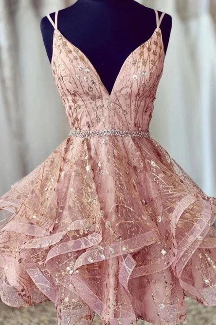 Chic Deep V-neck Pink Tiered Homecoming Dresses with Beading Appliques OKO38 Tunics Favorite customer