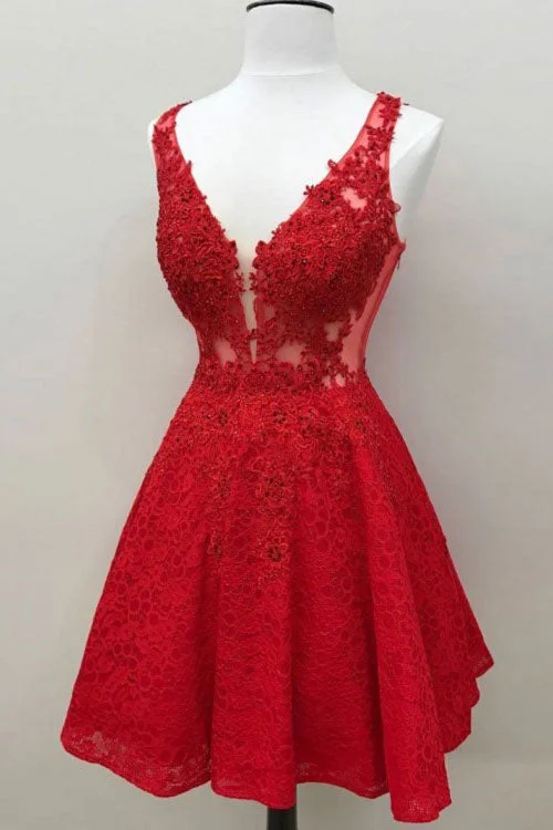 Custom Red Lace V Neck A Line Short Homecoming Dress OKO61 Halter Neckline Beach
