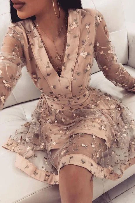 Cute Pink Long Sleeve Homecoming Dress, V Neck Short Prom Dress OKO62 Boatneck Modish Everyday