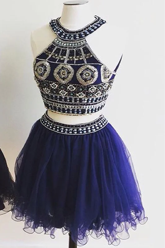 Cute Two Pieces Halter Royal Blue Tulle Beading Homecoming Dress K46 Tunics Sophisticated sleek
