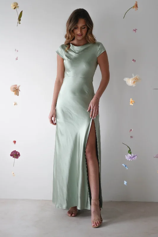 Ramona Soft Satin Maxi Dress | Sage Crew Neckline Casual