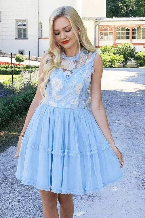 Elegant Jewel Short Cheap Light Blue Tulle Homecoming Party Dress with Lace OKO50 Tunics Practical easy-care