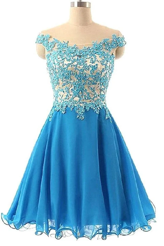 Elegant Lace Short Tulle Handmade Blue Homecoming Dress K162 Boatneck Modish Everyday