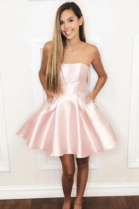 Elegant Strapless Pink Satin Homecoming Dresses with Beading Pockets OKO40 Tunics Essential wardrobe