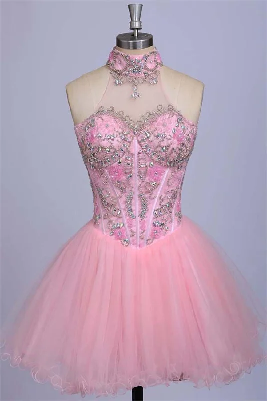 Halter Beaded Cute Classy Tulle Homecoming Dresses K190 Tunics Modern contemporary
