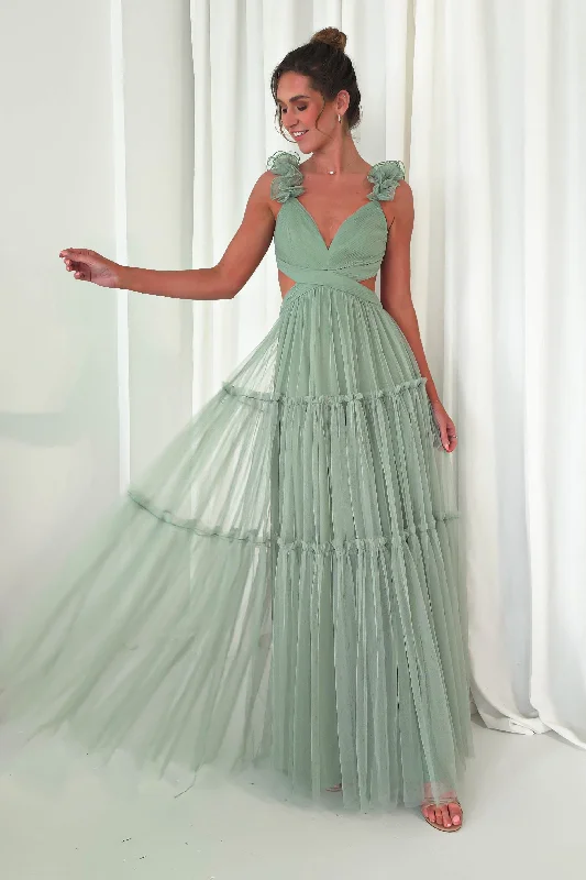 Galiena Ruffle Tulle Maxi Dress | Sage Green Tunics Solid Classic