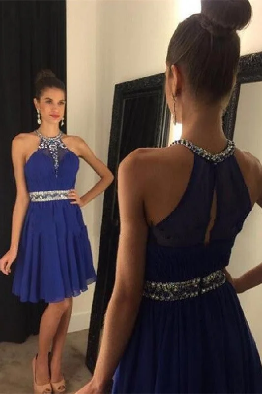 Girly Handmade Royal Blue Short Chiffon Halter Homecoming Dress K156 Tunics Solid Classic