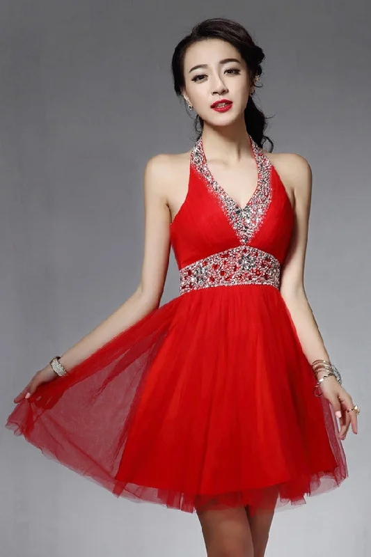 Halter Backless Red Beaded V-neck Homecoming Dress ED0832 A-Line Day Work