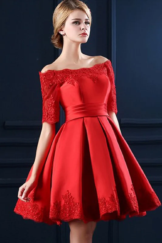 Lace Boat Neckline Red Back Up Lace Homecoming Cocktail Dress ED0868 Tunics Luxurious high-end