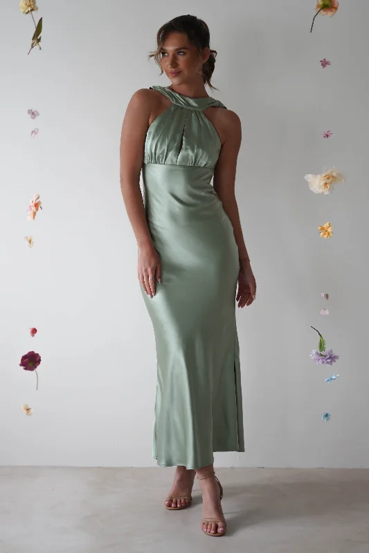 Lauryn Halter Neck Maxi Dress | Sage Square Neckline Feminine