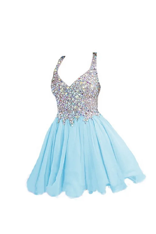 Light Sky Blue Beaded V-neck Homecoming Dresses ED0687 Tunics Satin smooth
