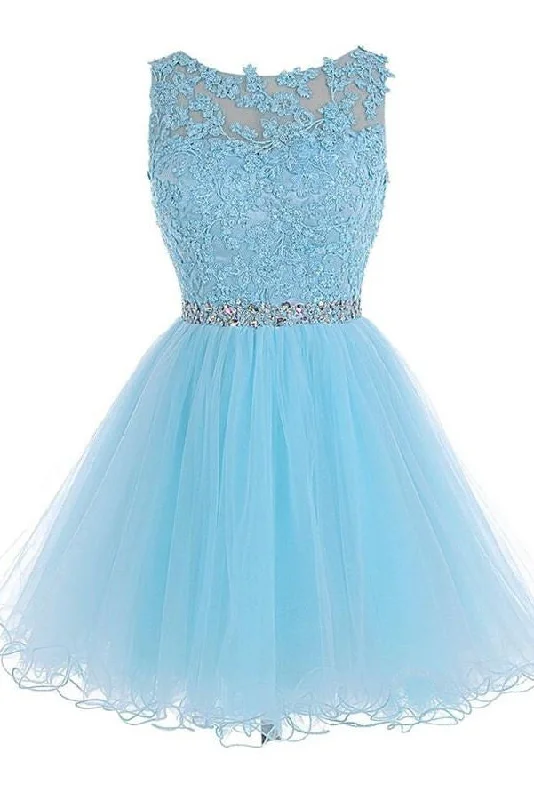 Light Sky Blue Lace Open Back Short Tulle Homecoming Dress K186 Tunics Recommended stylist
