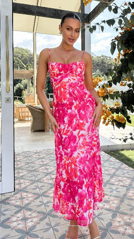 Margie Midi Dress - Pink/Red Floral Tunics Chic elegant