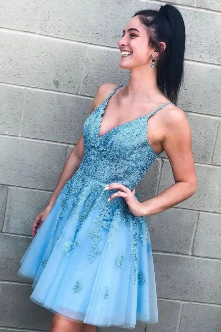 Modest A-Line Blue V-neck Homecoming Dresses with Appliques OKO37 Tunics Review highly