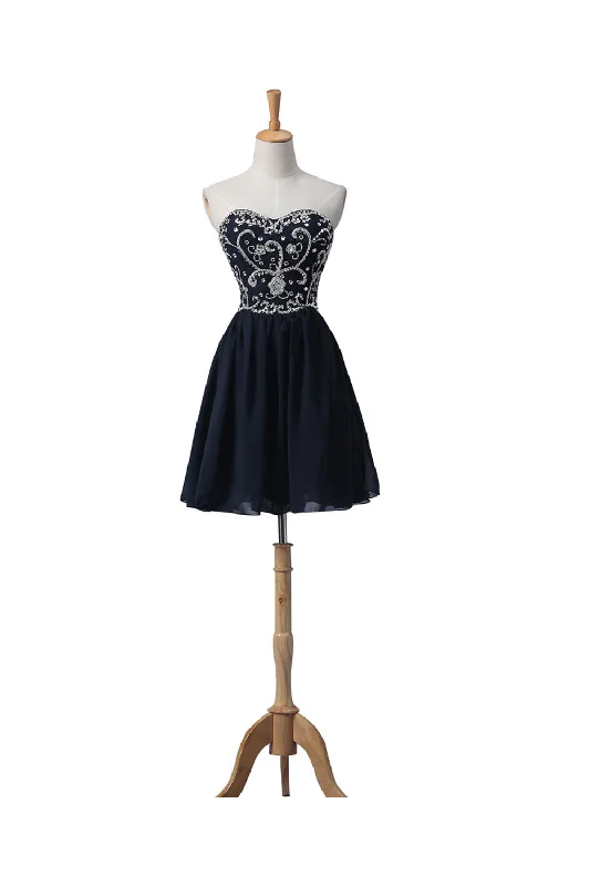 Navy Blue Chiffon Beaded Short Prom Dresses ED0666 Tunics Summer linen