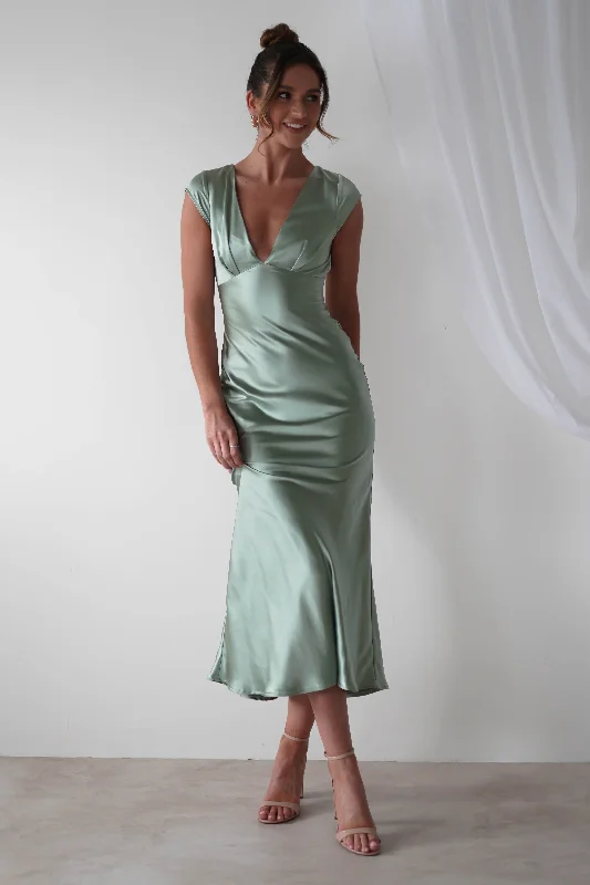 Nellie Soft Satin Midaxi Dress | Sage Green Tunic Top Casual