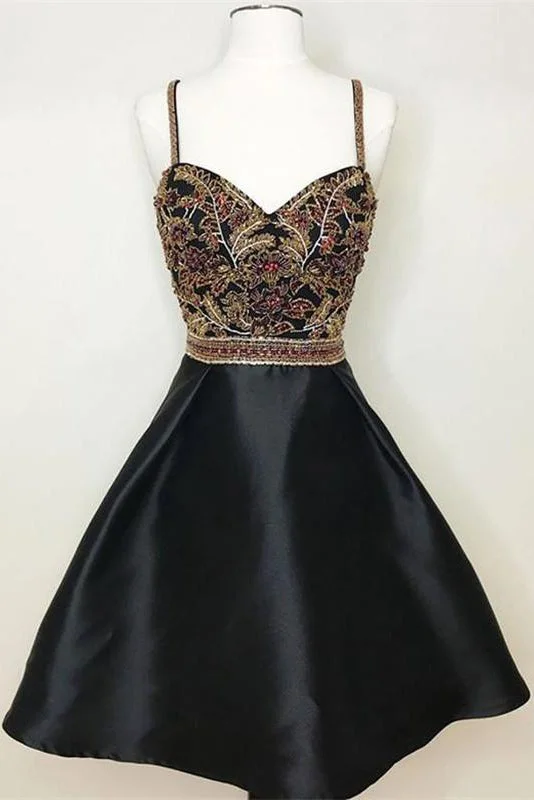 New Arrival Black Spaghetti Straps A Line Beading Homecoming Dress OKO58 Bodycon Club Sequined
